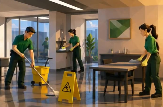 An Evergreen crew cleaning the interior of a commercial office in Southwest Florida