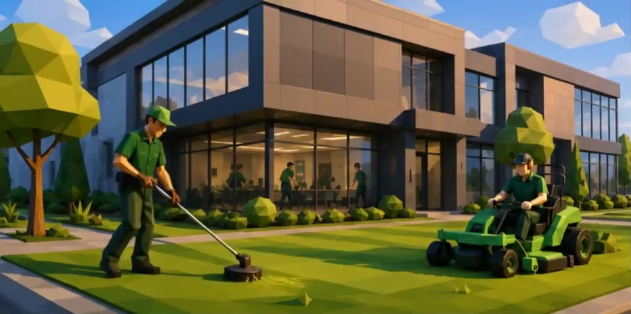 A grounds crew maintaining the landscaping outside a Southwest Florida commercial building