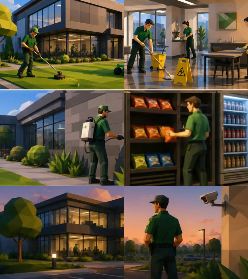 Evergreen-coordinated service crews on a Southwest Florida commercial property: landscaping, janitorial, pest control, vending, exterior upkeep and security