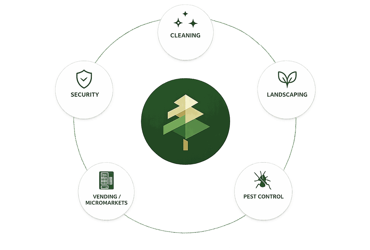 Evergreen coordinates cleaning, landscaping, pest control, vending and micromarkets, and security under one partner